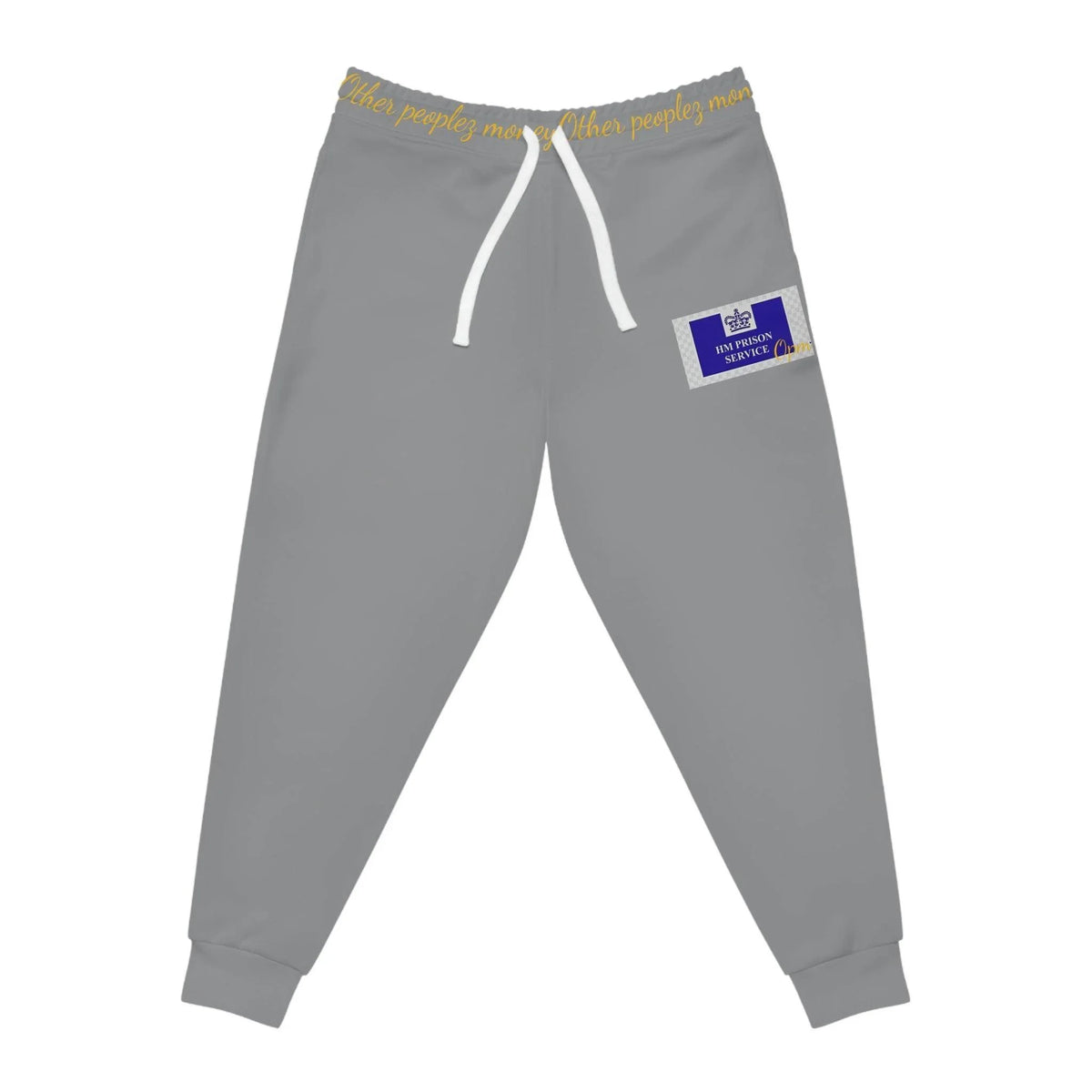 Grey joggers with white drawstring, yellow waistband text, blue patch on left leg