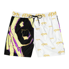 Men’s mid-length swim shorts with black and white color block, gold opm script and abstract print