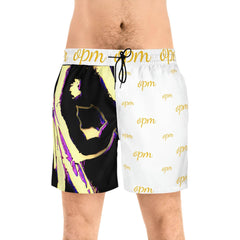 Men's mid-length swim shorts with bold graphic design and gold script logo print