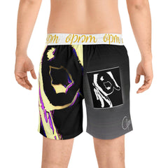 Men's mid-length swim shorts with bold hand graphic designs and yellow waistband text