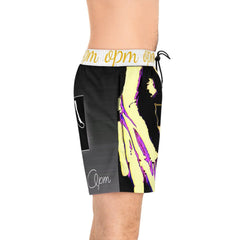 Men's mid-length swim shorts with black, yellow, and purple graphic print and drawstring waist