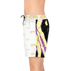 Men's mid-length swim shorts with bold abstract print and yellow 'opm' text pattern