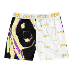 Men's mid-length swim shorts with split black and white design, yellow opm print, neon accents