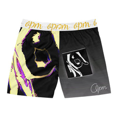 Men's mid-length swim shorts with abstract black and yellow graphic, Opm logo waistband