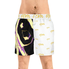 Men's mid-length swim shorts with bold graphic and gold opm logo print, split color design
