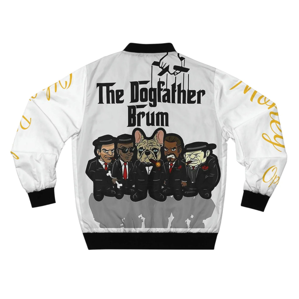 White men's bomber jacket with cartoon gangster dog and men, 'The Dogfather Brum' text on back.
