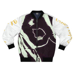 Men's bomber jacket with abstract black and white dog face print and gold script sleeves