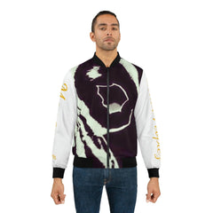 Men’s bomber jacket with abstract black and white graphic and white sleeves, streetwear style
