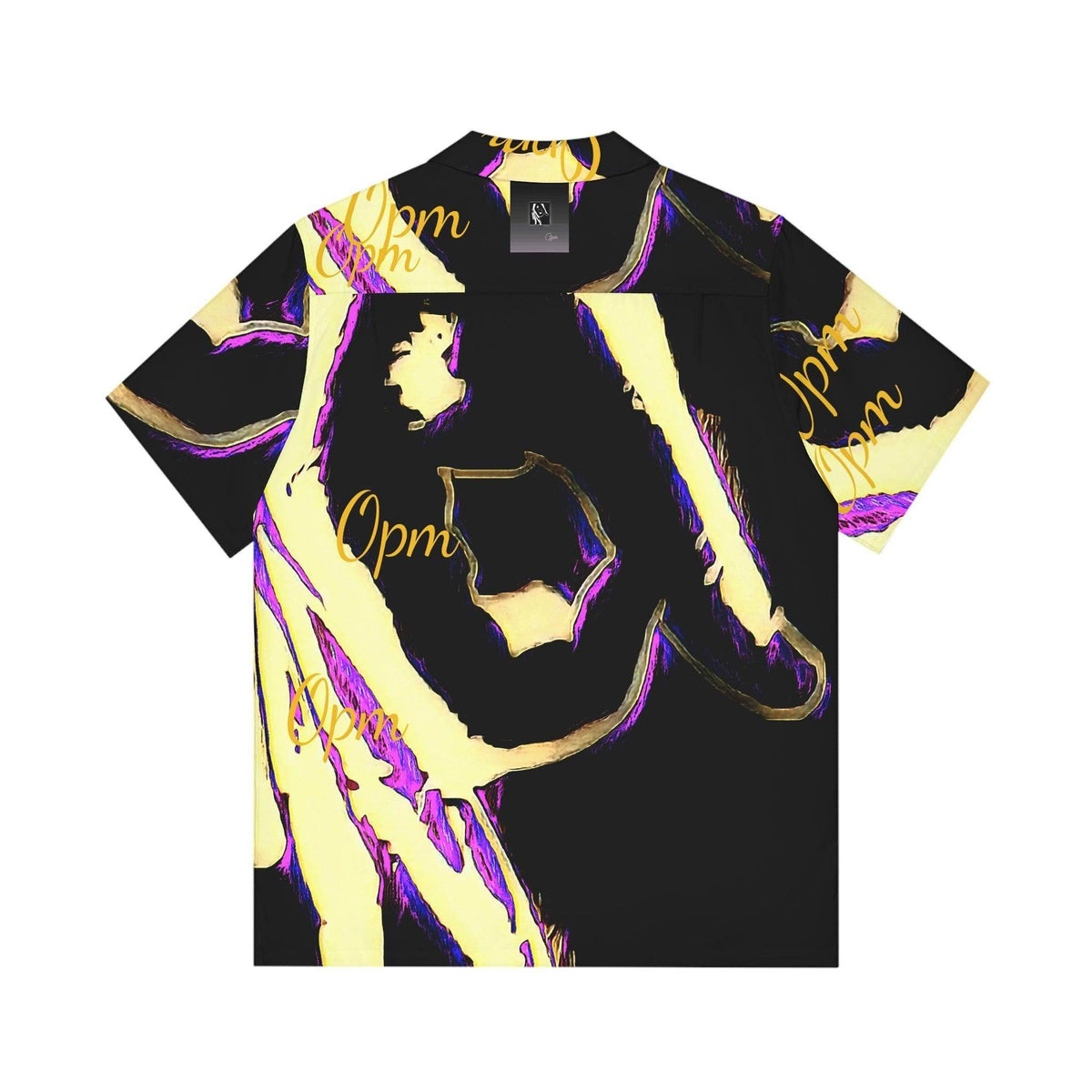 Men's Hawaiian shirt with bold black and yellow abstract pattern and Opm text print