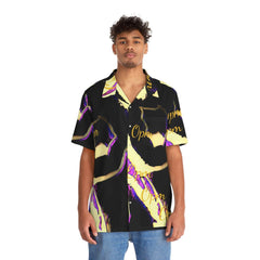 Men's black Hawaiian shirt with bold yellow and purple abstract pattern, short sleeves