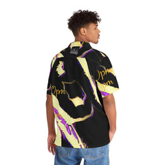 Man wearing a black and yellow Hawaiian shirt with abstract purple patterns and script text