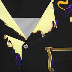 Close up of men's Hawaiian shirt with bold black, yellow, and purple abstract print and button detail