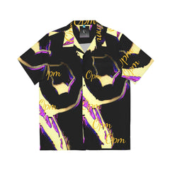 Men's Hawaiian shirt with bold black, yellow, and purple abstract print and 'Opm' text