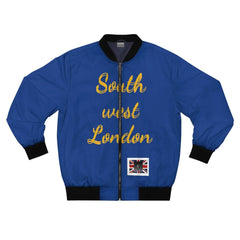 Blue men's bomber jacket with 'South west London' yellow script and Union Jack patch