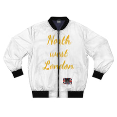 White men's bomber jacket with gold 'North west London' text and UK flag patch, black trim