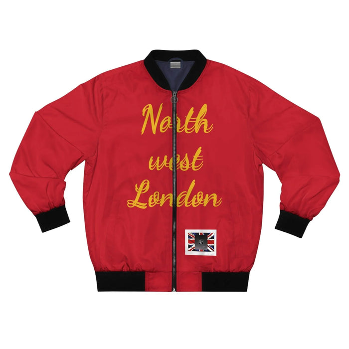 Red bomber jacket with 'North west London' yellow script and Union Jack patch on front
