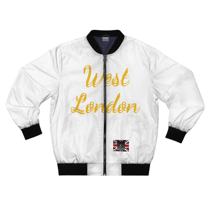 White men's bomber jacket with gold 'West London' text and UK flag patch, urban streetwear