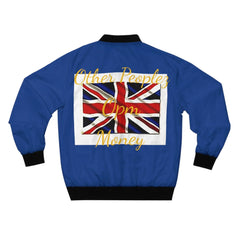 Blue men's bomber jacket with Union Jack flag and gold script saying 'Other Peoples Opm Money'
