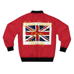 Red men's bomber jacket with Union Jack flag and gold script text on the back