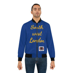 Man wearing blue bomber jacket with 'South west London' text and UK flag patch, urban fashion