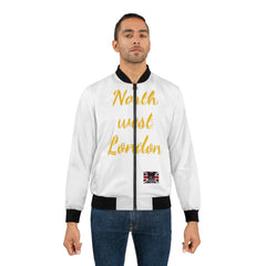 Man wearing white bomber jacket with 'North west London' gold text and UK flag patch