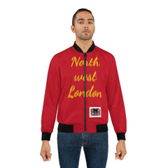 Man wearing red bomber jacket with yellow 'North west London' text and UK flag patch