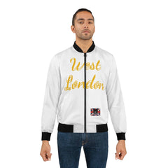 Man wearing white bomber jacket with gold 'West London' text and Union Jack patch