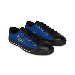 Men's blue and black low-top sneakers with 'Opm' text, stylish streetwear shoes
