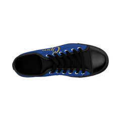 Men’s blue and black low-top sneaker with black laces and yellow script detail