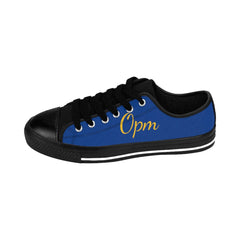 Men's blue and black low-top sneaker with yellow 'Opm' script, white sole accents