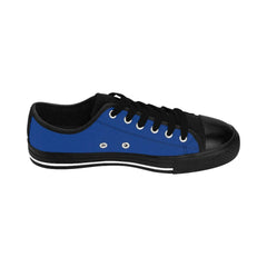Men's low-top sneaker with blue canvas upper, black toe cap, black laces, and white sole stripe
