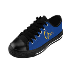 Men's blue and black sneaker with 'Opm' text in yellow, low-top streetwear shoe