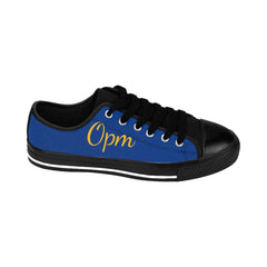 Men's blue and black low-top sneaker with 'Opm' in yellow text, urban streetwear style.