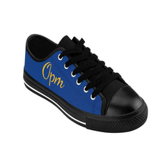 Men's blue and black sneaker with yellow 'Opm' text, black laces, rubber sole