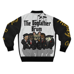 Black bomber jacket with cartoon gangster dog graphic and 'The Dogfather Brum' text on back.