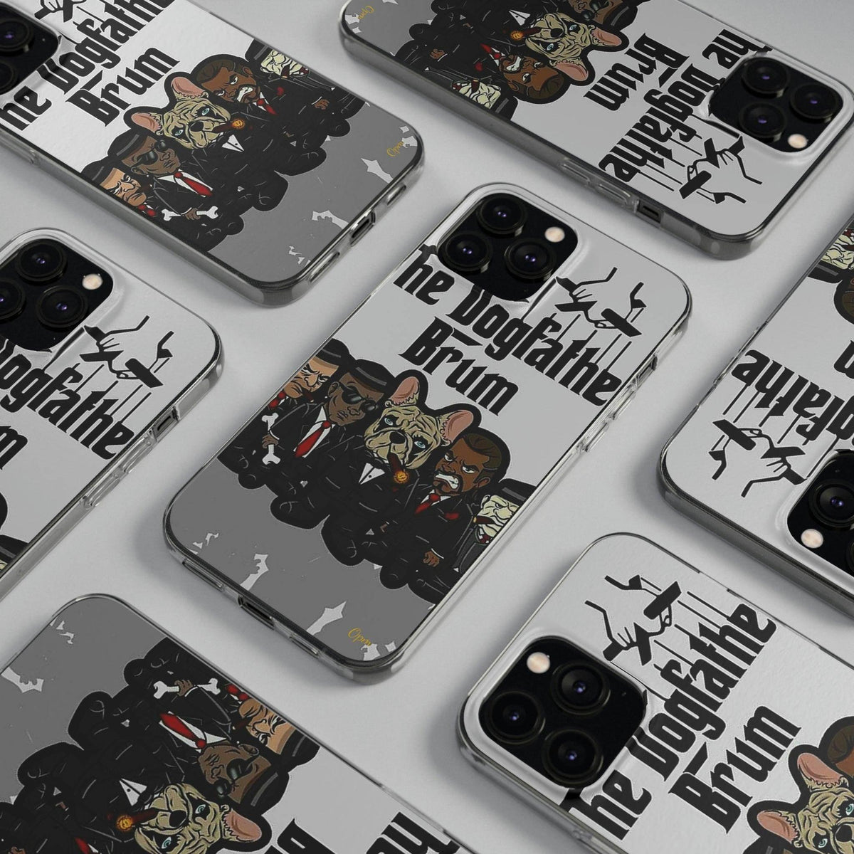 Grey dog-themed phone cases featuring cartoon bulldogs in suits and 'The Dogfather Brum' text.