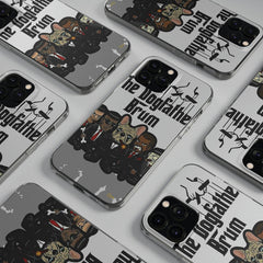 Grey dog-themed phone cases featuring cartoon bulldogs in suits and 'The Dogfather Brum' text.