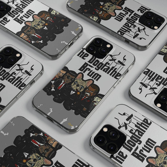 Grey dog-themed phone cases featuring cartoon bulldogs in suits and 'The Dogfather Brum' text.