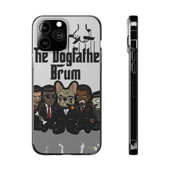 iPhone case featuring cartoon dogs in suits with 'The Dogfather Brum' text and marionette graphic