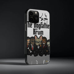 Cartoon mafia dog and men illustration on 'The Dogfather Brum' iPhone case, black background