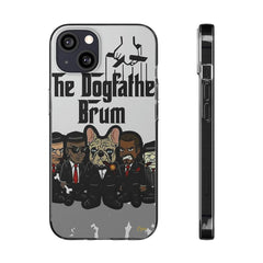 Grey phone case with cartoon dog and men in suits, text 'The Dogfather Brum' on back.