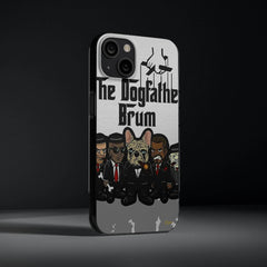 Illustrated phone case with cartoon gangsters and a dog in suits, labeled 'The Dogfather Brum'.