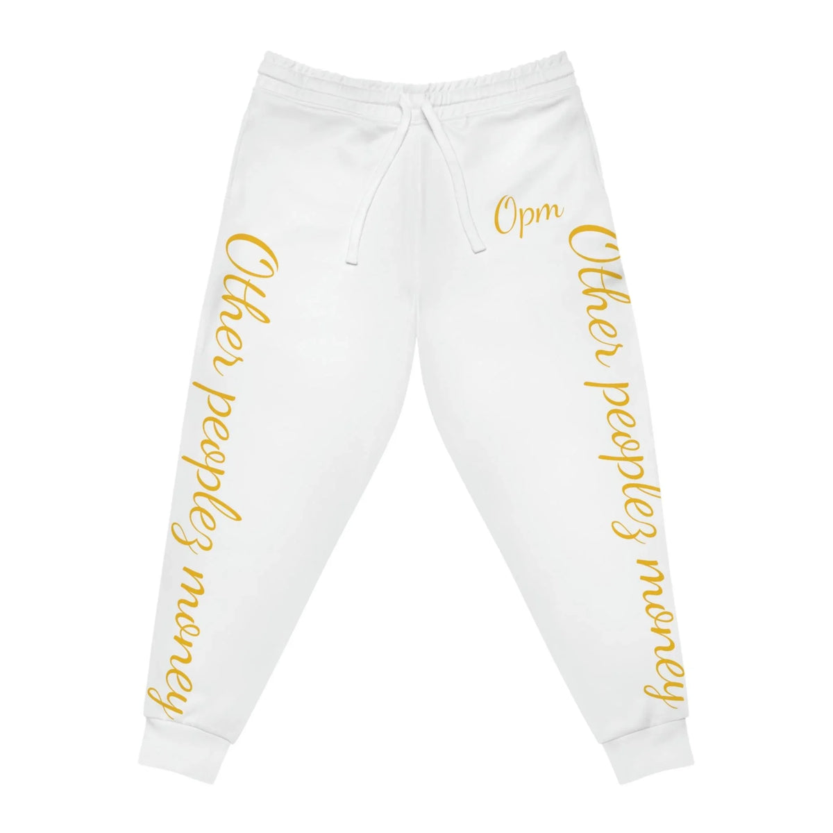 White joggers with gold script text 'Other peoplez money' and 'Opm', urban streetwear style.