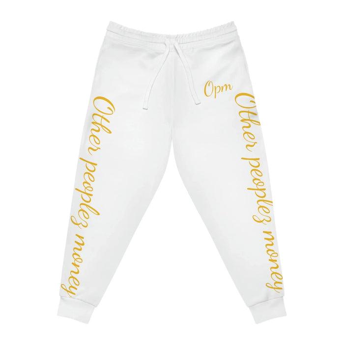 White joggers with gold script text 'Other peoplez money' and 'Opm', urban streetwear style.