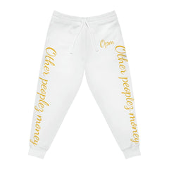 White joggers with gold script text reading 'Other peoples money' and 'Opm' on legs
