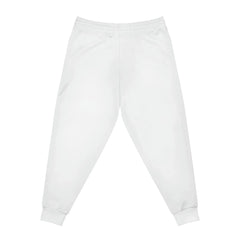White joggers with elastic waistband and cuffed ankles, laid flat on a white background