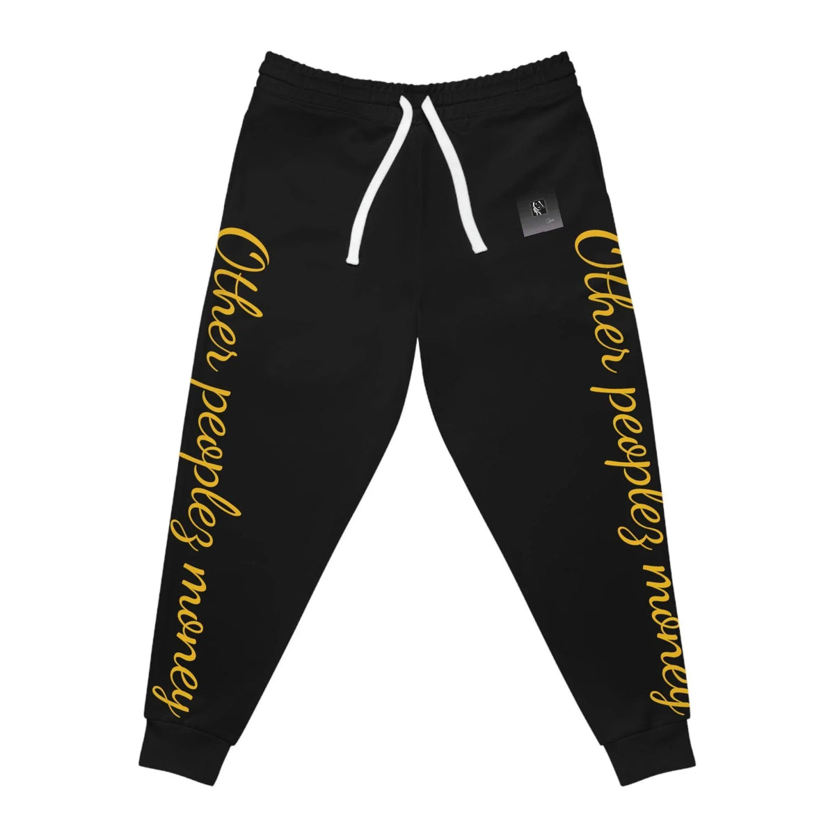 Black joggers with yellow 'Other peoples money' script on both legs, streetwear style