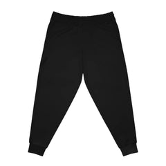 Black joggers with elastic waistband and cuffs, rear view, streetwear style