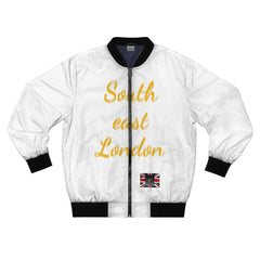 White bomber jacket with black trim, gold 'South east London' text, Union Jack patch