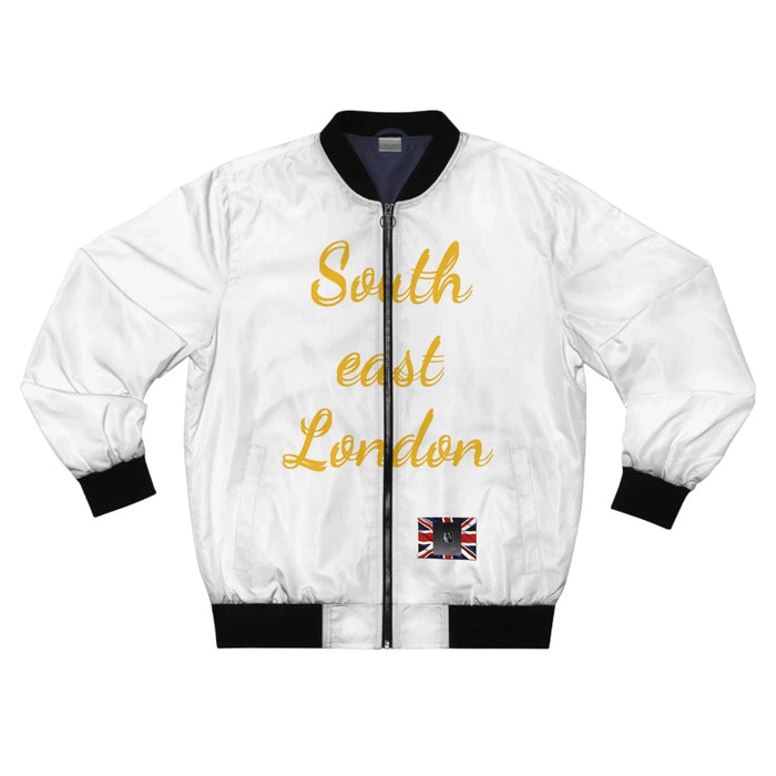 White bomber jacket with black trim, gold 'South east London' text, Union Jack patch